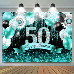 Lofaris Cyan Balloons Bokeh Glitter Happy 50th Birthday Backdrop