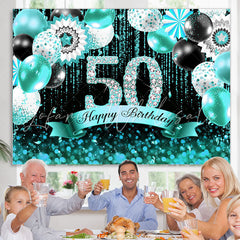 Lofaris Cyan Balloons Bokeh Glitter Happy 50th Birthday Backdrop