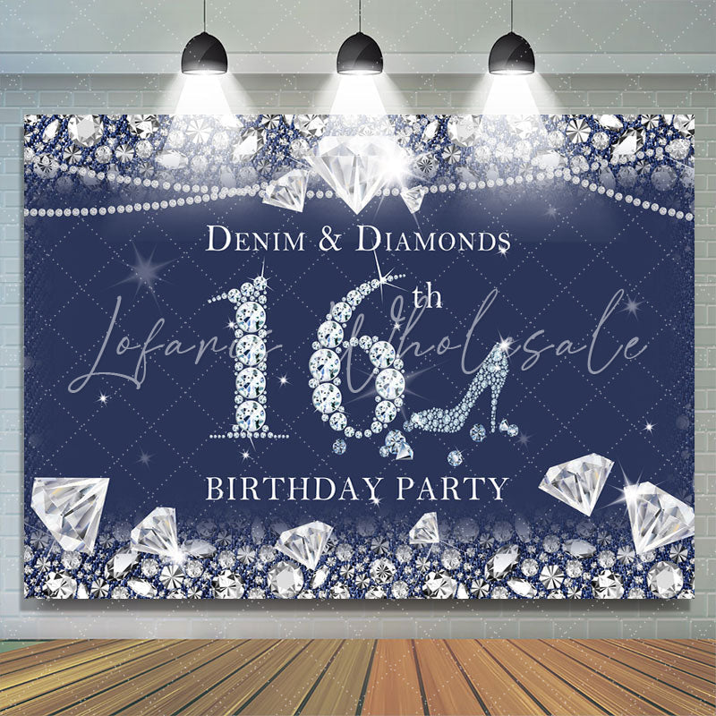 Lofaris Dark Blue Denim and Diamonds 16Th Birthday Backdrop