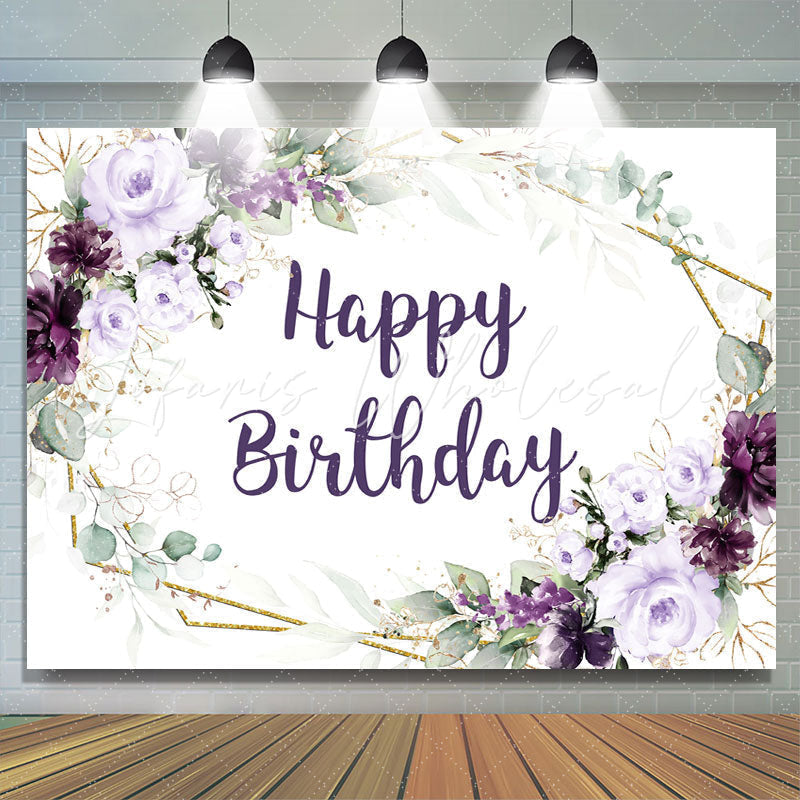 Lofaris Dark Purple Flowers Glitter Happy Birthday Backdrop