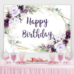 Lofaris Dark Purple Flowers Glitter Happy Birthday Backdrop