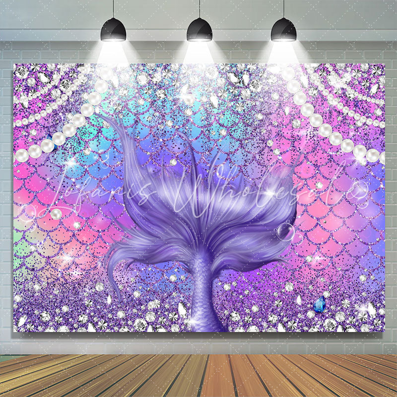 Lofaris Diamond And Pearl Purple Glitter Mermaid Birthday Backdrop