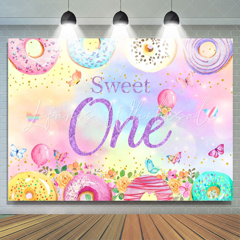 Lofaris Donut Candy Floral Butterfly 1st Birthday Backdrop