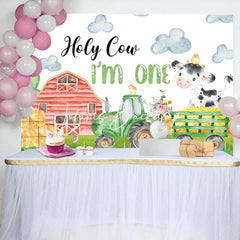 Lofaris Drawn Farm Barn Hay Holy Cow 1st Birthday Backdrop