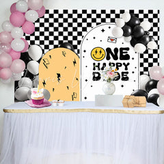 Lofaris Dude Balloon White Black Plaid 1st Birthday Backdrop