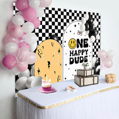 Lofaris Dude Balloon White Black Plaid 1st Birthday Backdrop