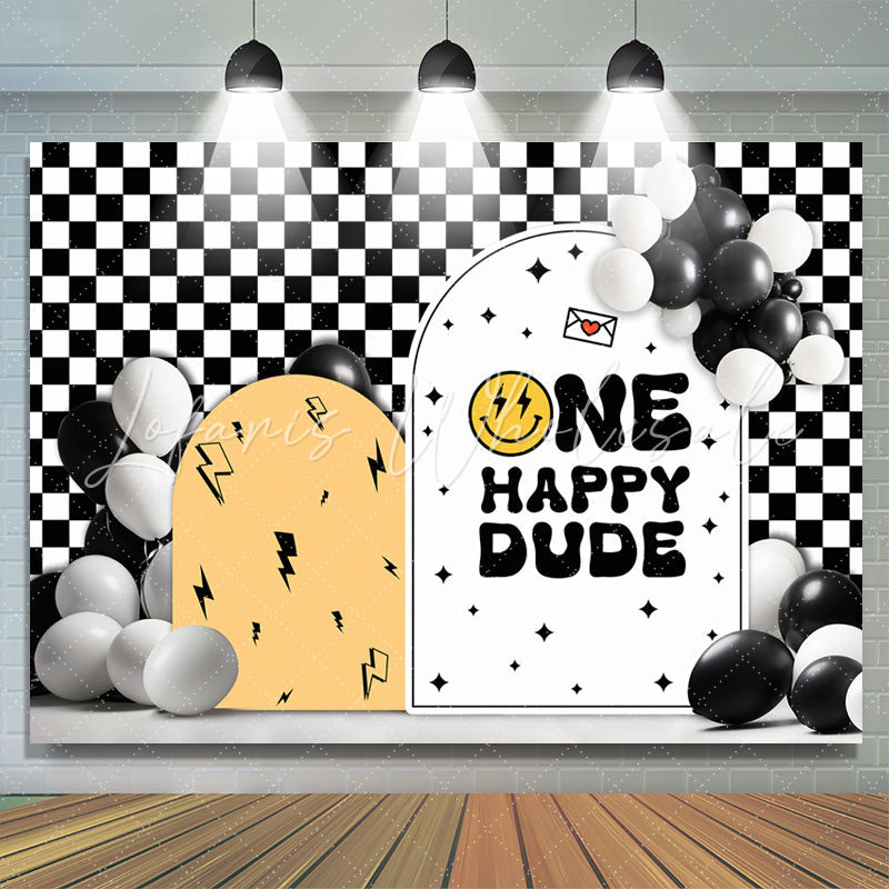 Lofaris Dude Balloon White Black Plaid 1st Birthday Backdrop