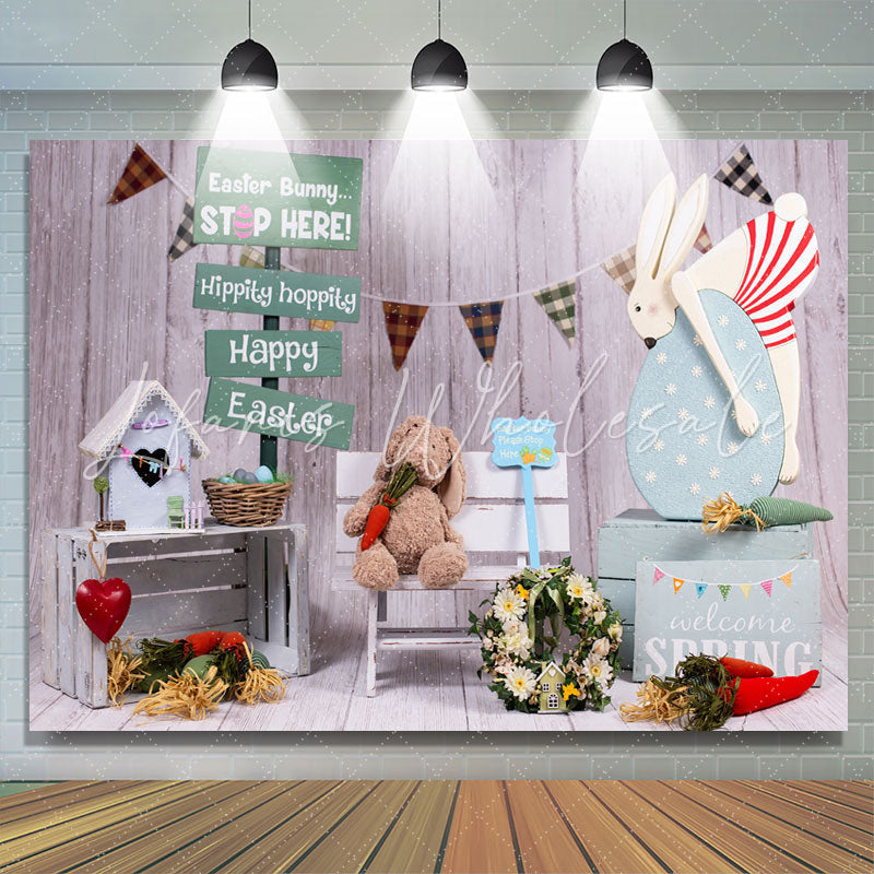 Lofaris Easter Bunny Stop Here Hippity Hoppity Wooden Backdrop