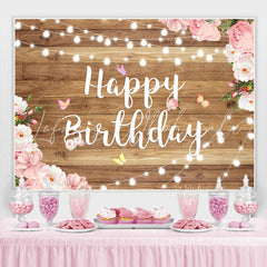 Lofaris Elegant Wooden Pink Floral Happy Birthday Backdrop