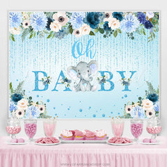 Lofaris Elephant And Flower Glitter Blue Baby Shower Backdorp