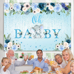 Lofaris Elephant And Flower Glitter Blue Baby Shower Backdorp