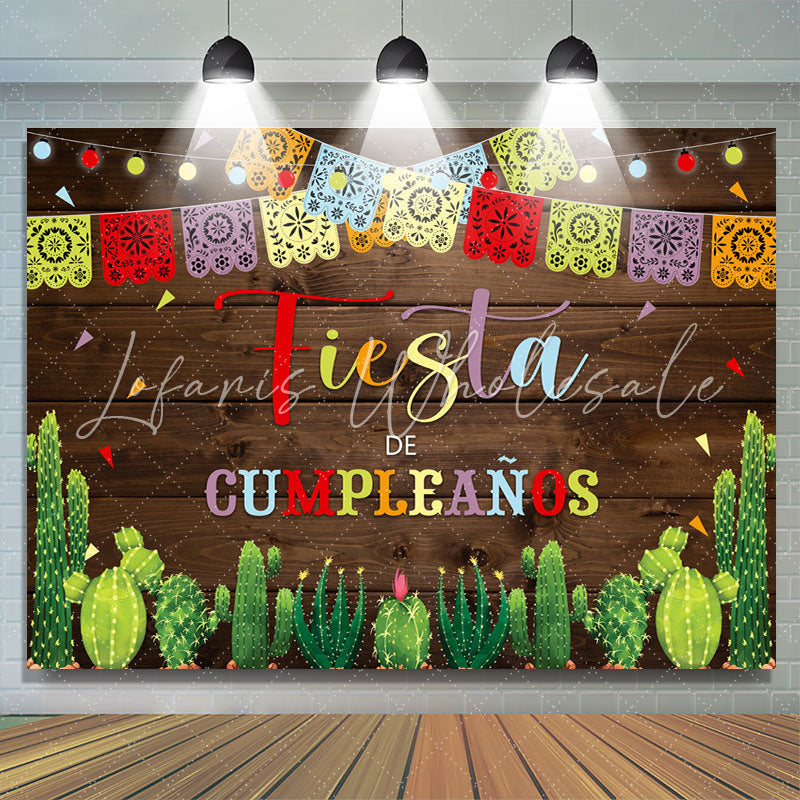 Lofaris Fiesta Lace Pattern Cactus Wooden Birthday Backdrop