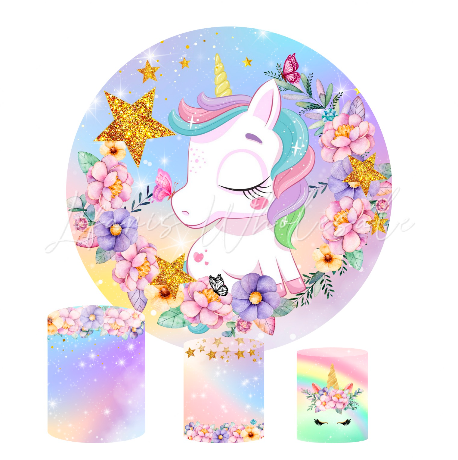 Flora Unicorn Birthday Party Round Backdrop Cover Plinth Cylinder Pedestal Cloth Cover