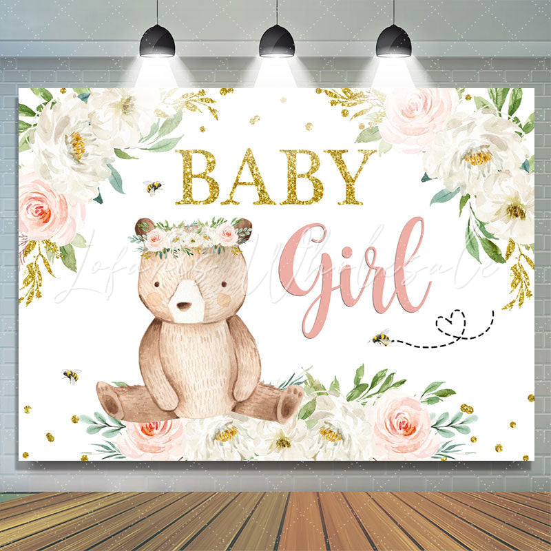 Lofaris Floral and A Bear with Garland Baby Shower Backdrop