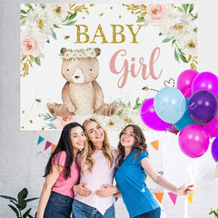 Lofaris Floral and A Bear with Garland Baby Shower Backdrop