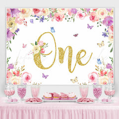 Lofaris Floral And Butterfly Glitter One Birthday Backdrop