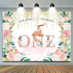 Lofaris Floral And Fox Gold Pink Glitter 1st Birthday Backdrop