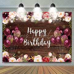 Lofaris Floral And Glitter Balloons Brown Wood Birthday Backdrop