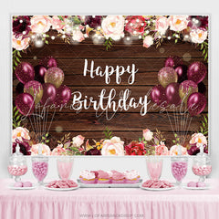 Lofaris Floral And Glitter Balloons Brown Wood Birthday Backdrop