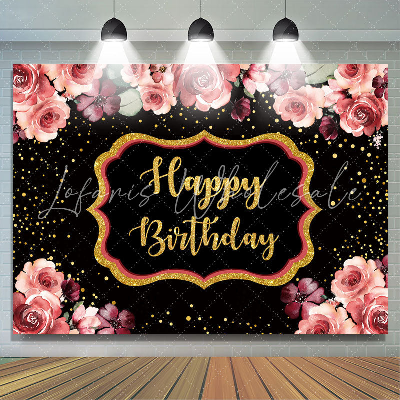 Lofaris Floral And Gloden-Black Dots Happy Birthday Backdrop