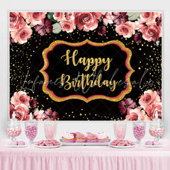 Lofaris Floral And Gloden-Black Dots Happy Birthday Backdrop