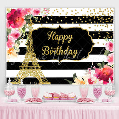 Lofaris Floral And Gold Eiffel Tower Happy Birthday backdrop