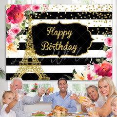 Lofaris Floral And Gold Eiffel Tower Happy Birthday backdrop