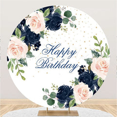 Lofaris Floral And Leaves Giltter Circle Happy Birthday Backdrop