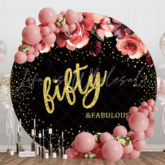 Lofaris Floral Black Golden Round 50th Birthday Backdrop