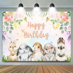 Lofaris Floral Colourful Cute Rabbit Happy Birthday Backdrop