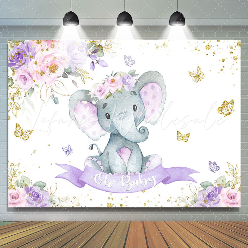 Lofaris Floral Elephant With Butterfly Baby Shower Backdrop