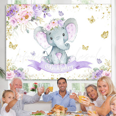 Lofaris Floral Elephant With Butterfly Baby Shower Backdrop