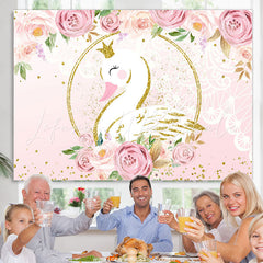 Lofaris Floral Glitter And Pink Swan Happy Birthday Backdrop