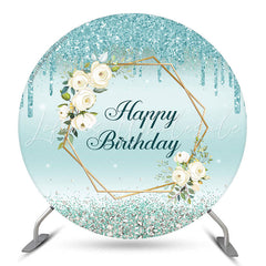 Lofaris Floral Glitter Blue Round Happy Birthday Backdrop