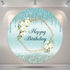 Lofaris Floral Glitter Blue Round Happy Birthday Backdrop