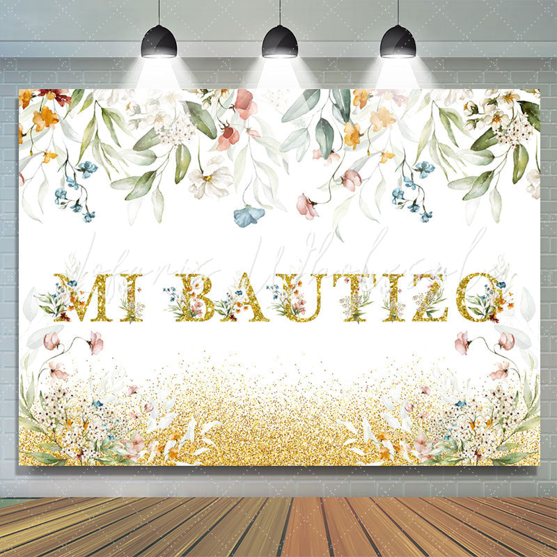 Lofaris Floral Gold Glitter Mi Bautizo Baby Shower Backdrop