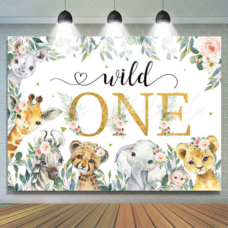 Lofaris Floral Leaf Wild Animals Happy 1st Birthday Backdrop