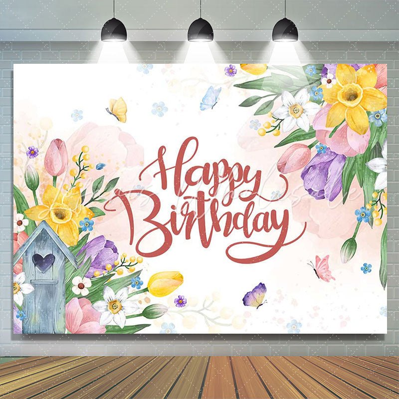 Lofaris Floral Leaves Butterfly Birthday Backdrop For Girl