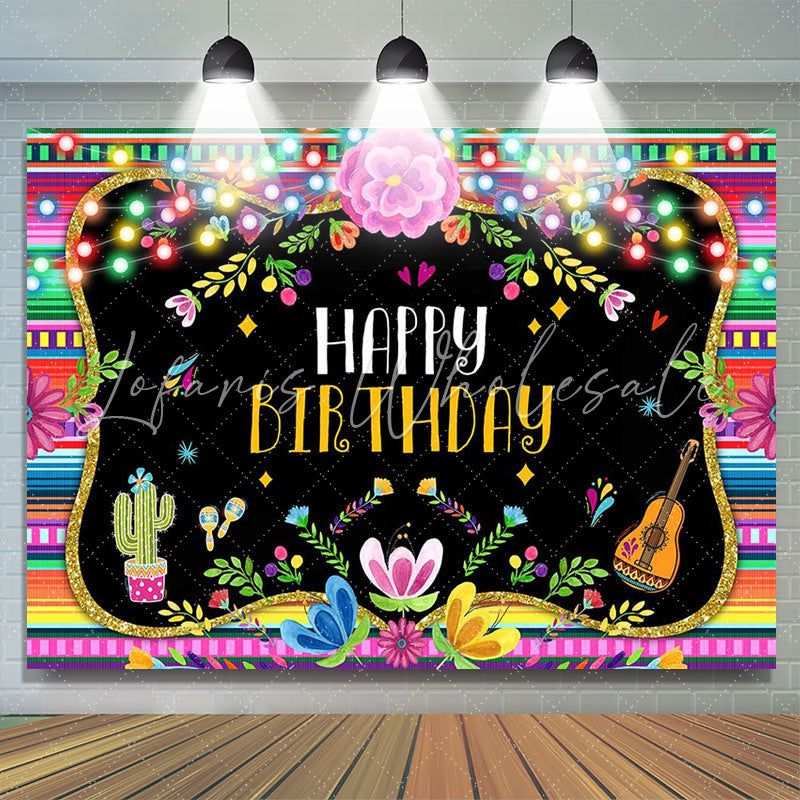 Lofaris Floral Lights Cactus Guitar Leaves Birthday Backdrop