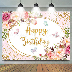 Lofaris Floral Pink and Golden Bots Happy Birthday Backdrop