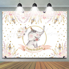 Lofaris Floral Pink Elepant Gold Glitter Backdrop for Birthday