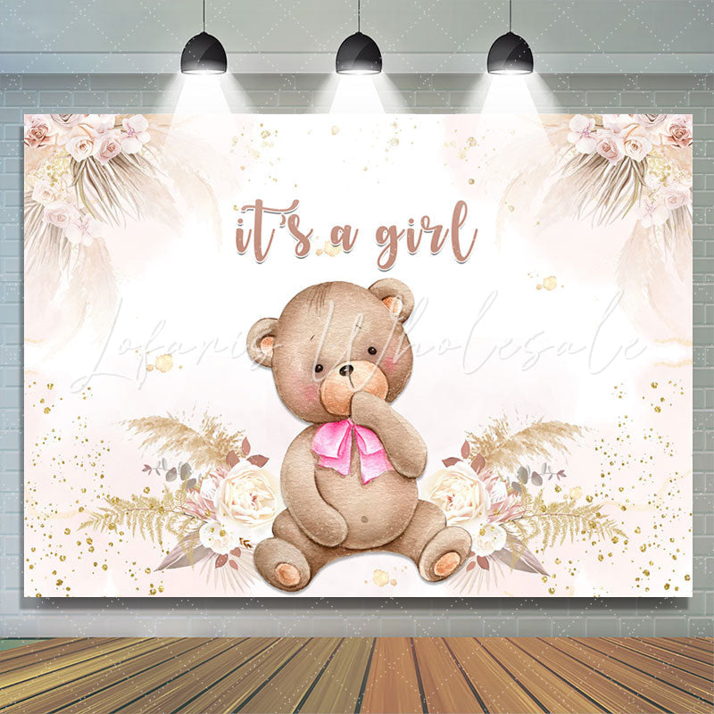 Lofaris Floral Pink Tie Bear Baby Shower Backdrop For Girl