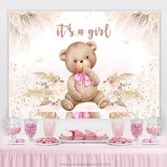 Lofaris Floral Pink Tie Bear Baby Shower Backdrop For Girl