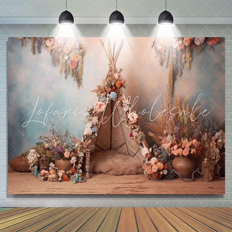 Lofaris Floral Reed Tent Boho Birthday Backdrop for Girls