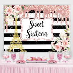 Lofaris Floral Sweet Sixteen Pink Glitter Gold Tower Stripe Backdrop for Girl