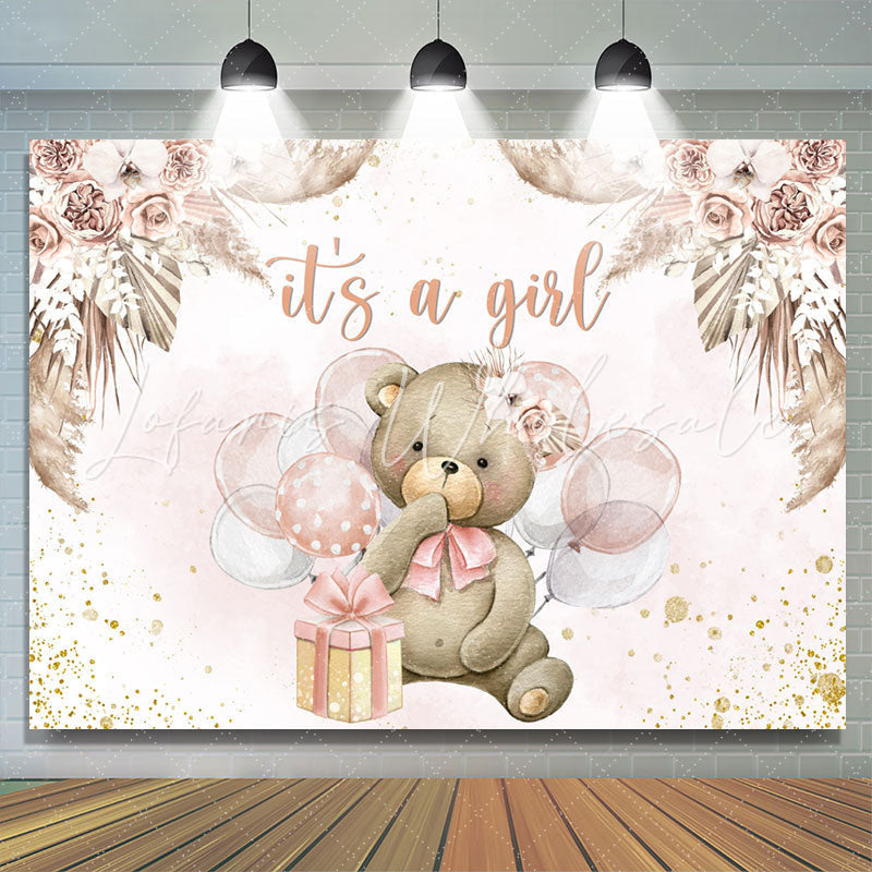 Lofaris Floral Teddy Bear With Balloon Baby Shower Backdrop