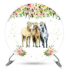 Lofaris Floral Three horses Round Birthday Party Backdrop