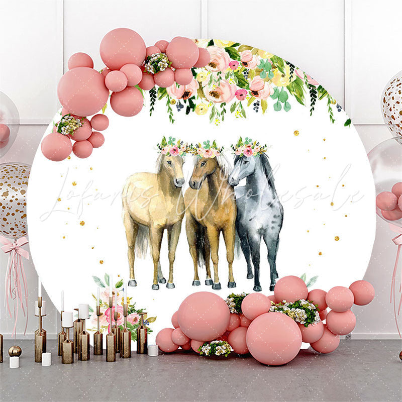 Lofaris Floral Three horses Round Birthday Party Backdrop