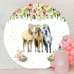 Lofaris Floral Three horses Round Birthday Party Backdrop