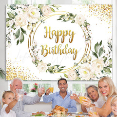 Lofaris Floral With Golden Circle Dots Happy Birthday Backdrop